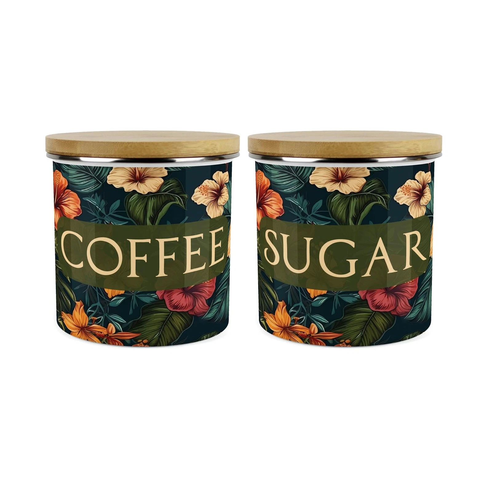 Dark Hibiscus Coffee & Sugar Canister Set - Full Colour Floral Kitchen Jar Gifts