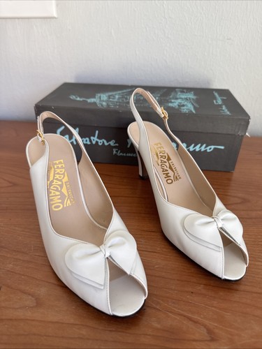 Vintage 80er Salvatore Ferragamo weiße Leder Slingback Heels 7,5 B NEU Defekt LESEN - Bild 2 von 11