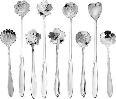 9 Pcs Flower Coffee Teaspoon Set, Stainless Steel for Tea Party Decorations