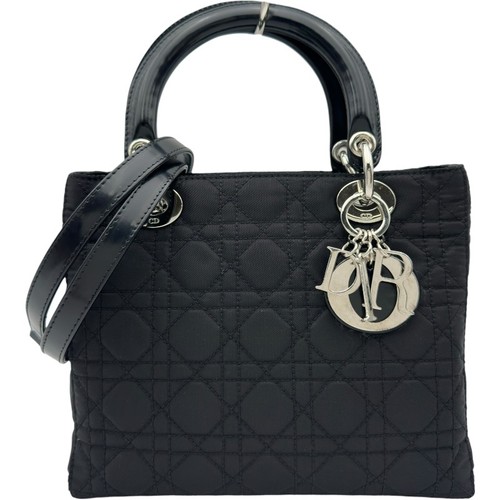 Christian Dior Lady Dior Medium Black Silver Hardware Nylon Bag Ladies Used