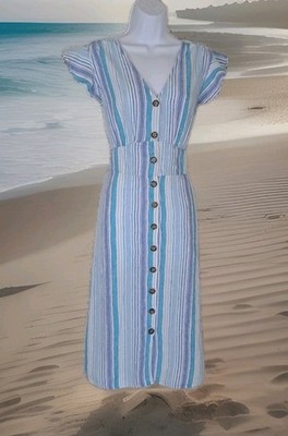 Time & Tru Dress L Striped Linen Blend Woven Flutter Sleeve Button Elastic Back