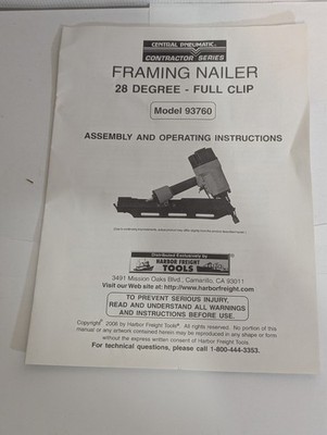Central Pneumatic 38 Degree Full Clip Model 93760 Owners Instructions Book