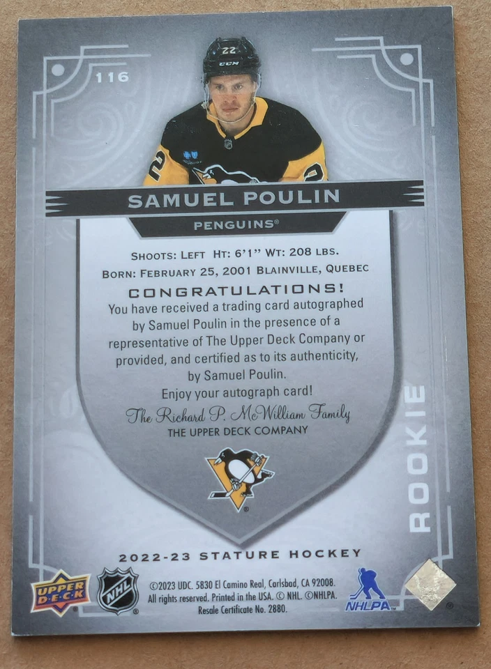 Samuel Poulin 2022-23 Upper Deck Stature #116 Rookie Auto 177/199 Penguins - Image 2 of 2