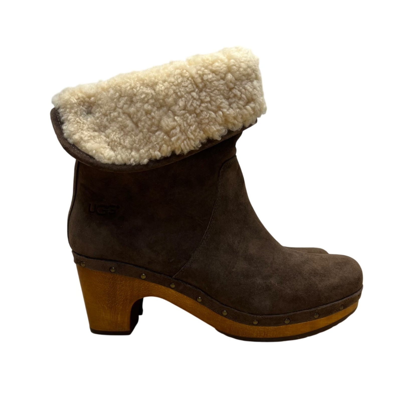 SAOLA Stivali UGG tacco shearling pelle scamosciata marrone taglia 8 zoccoli piega caviglia suola legno