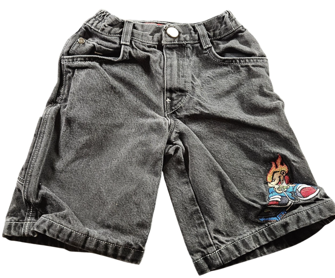 Vintage Flamehead JNCO Shorts Boys Size 7 Black Denim Gamer Embroidery Logo Y2K