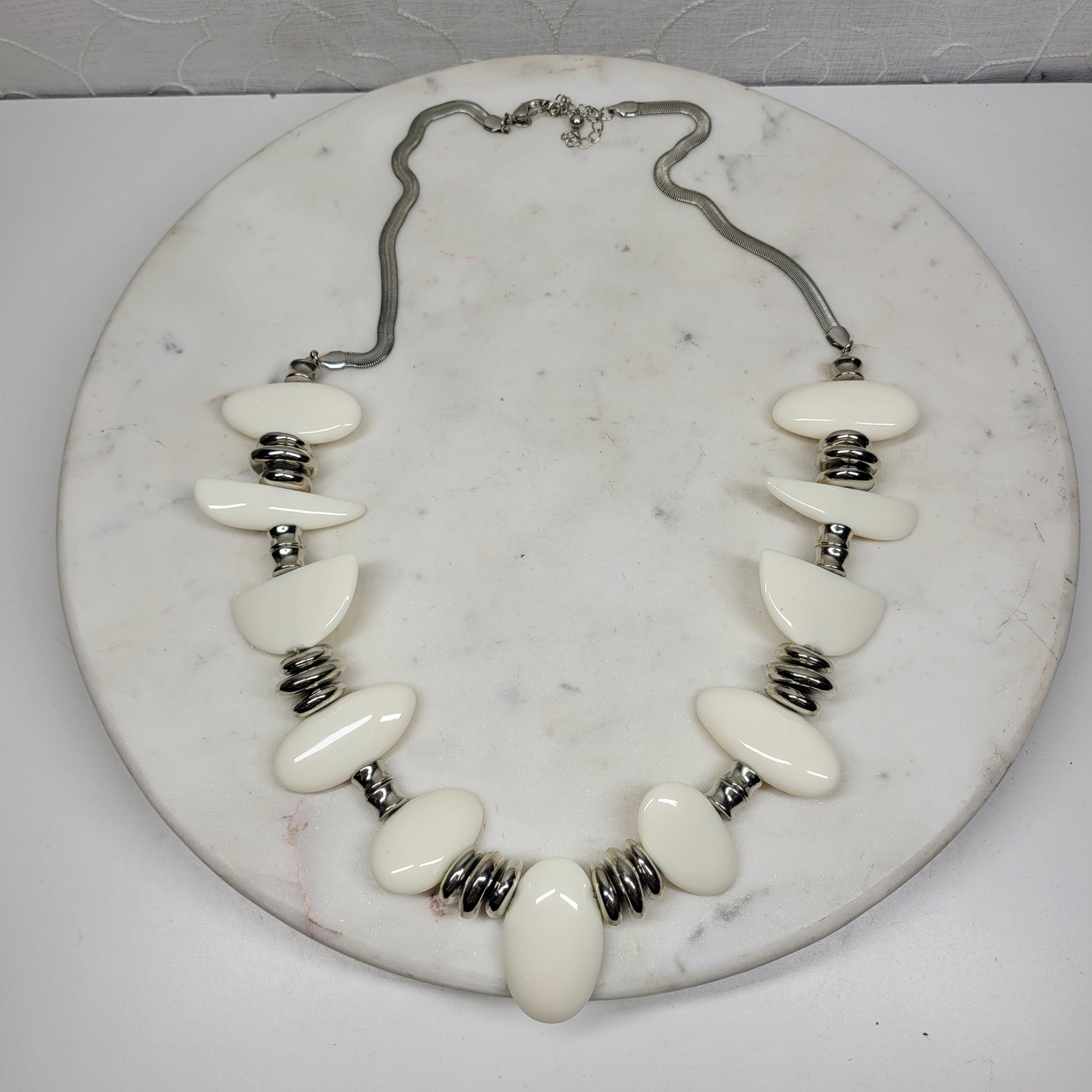 Chico's Statement Necklace White Silver Chunky Be… - image 4