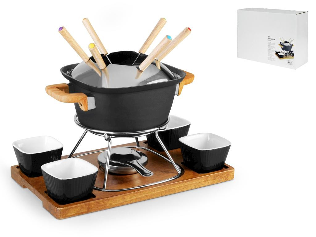 Set Fonduta H&H 15 Pezzi Alluminio Nero Design con Base Legno