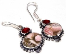 925 Silver Plated Trending Copper Rhodochrosite Garnet Earrings 1.6" AU l751