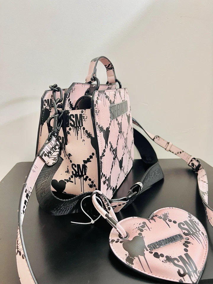 Steve Madden Bevelyn Hearts Satchel Lilac Pink Drip Heart Graffiti Halloween Bag - Image 3 of 4