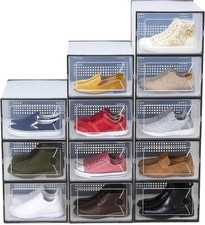 12-Pack LargeShoe Storage Boxes Stackable Plastic Shoe Organizer with Lids Black