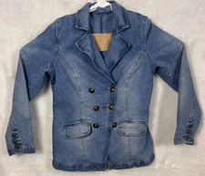 Diane Gilman DG2 Blue Denim Double Breasted Jacket Women Small Blazer Distressed