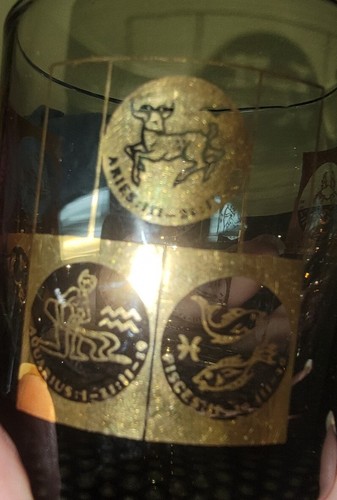 Vtg. Set of 2 Mid Century Smoky Zodiac Single Rocks Glasses Gold Textured Bottom - Picture 4 of 7