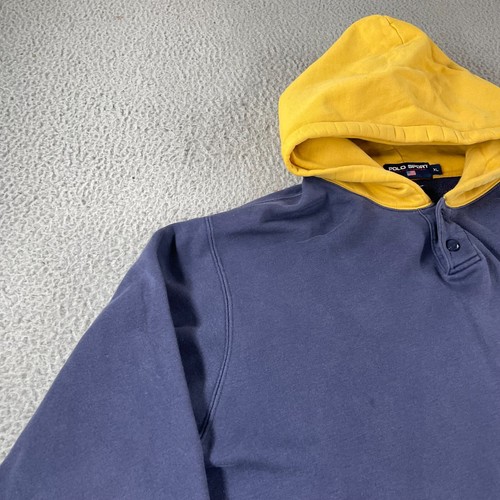 Vintage 90s Polo Sport Ralph Lauren Navy Blue Yellow Hoodie Fleece Lined XL USA - Picture 2 of 11