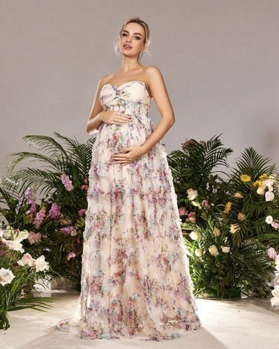 Maternity Floral Mesh Ruched Bustier Formal Party Dress. Pregnancy Photoshoot. - Picture 4 of 6