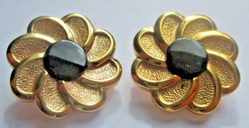 Boucles D'oreilles Clips Vintage Or émail Noir - Ancien, Parfait état, Bijou Rétro Sans Marque