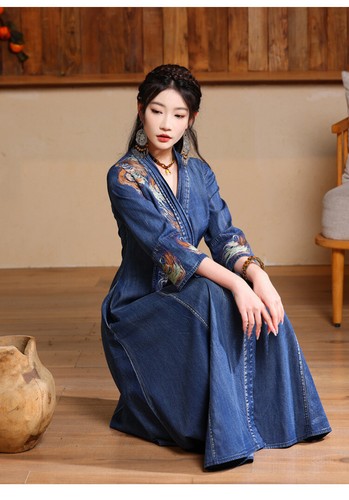 Neu Damen Jeanskleid Vintage bestickt Maxi Long Shirt Kleider Party - Bild 8 von 11