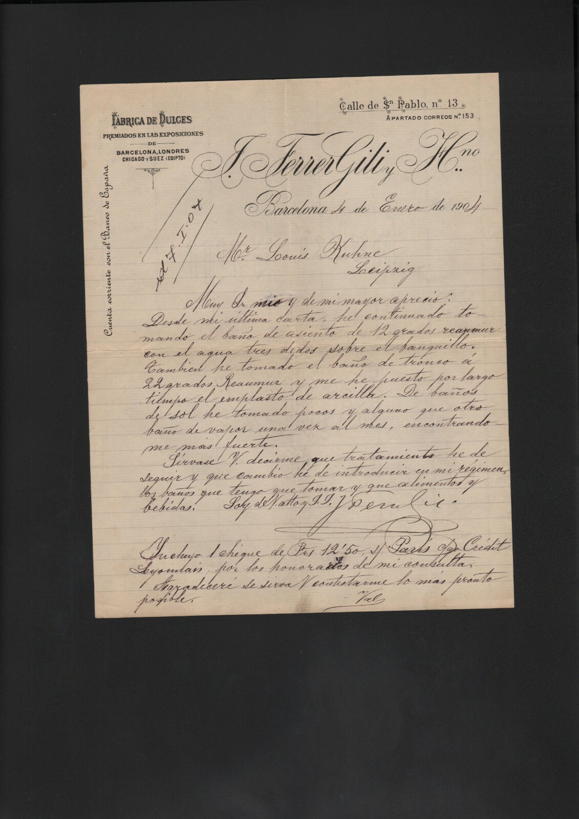 BARCELONA, Breve 1904, J. Ferrer Gili Fabrica de Dulces
