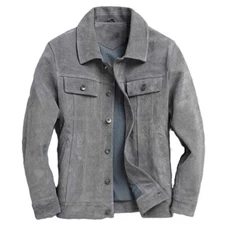 Real Leather Trucker Jacket Men Gray Pure Suede Size S M L XXL 3XL Custom Made