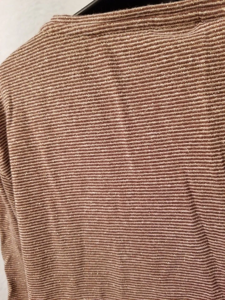 Camisa Top Blusa Chico's Mujer Talla 2 L Grande Marrón Dorado Rayas Lino Foto 4 de 4