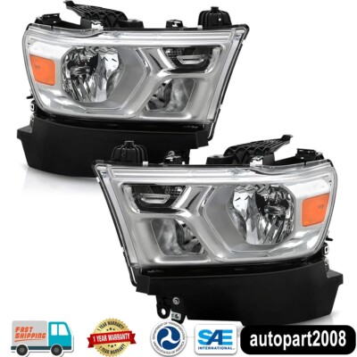 Chrome Headlights For 2019 2020 2021 2022-2024 Dodge Ram 1500 Halogen Headlamps