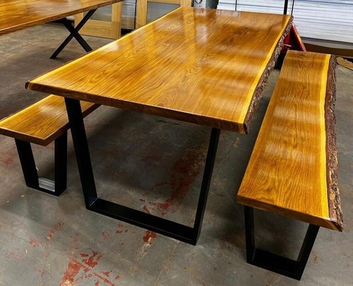 Joinery Solid Oak High Gloss Live Edge Table and Bench Set - 2000mm x 1000mm - Picture 2 of 3