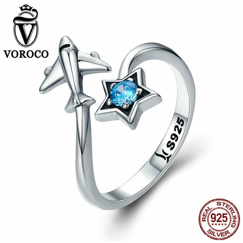 Anillo de dedo Voroco de plata esterlina 925 envolvente de moda estrella y avión azul circonita cúbica joyería - Imagen 1 de 11