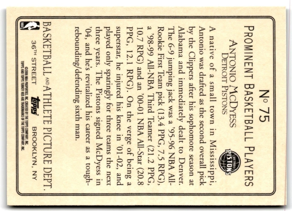 2006-07 Topps Turkey Red Antonio McDyess Detroit Pistons #75 - Image 2 of 2