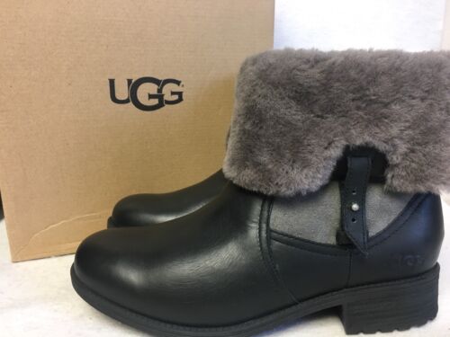 UGG Australia Chyler Black Leather Cuff Sheepskin Ankle Short Boots size  1012524