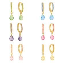 Women Gold Plated Silver Dangle Teardrop CZ Round Huggie Hoop 13mm Earrings PE65