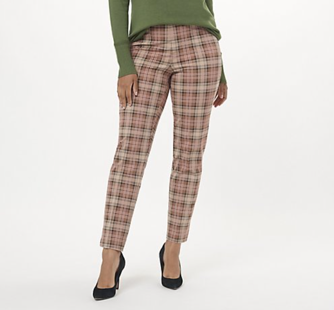 Isaac Mizrahi Live! Stretch Slim Straight Ankle Pants Camel Plaid Tall