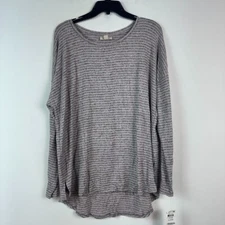 Style & Co Womens L Gray Pink Striped Scoop Neck Long Sleeve Knit Top NWT AE61