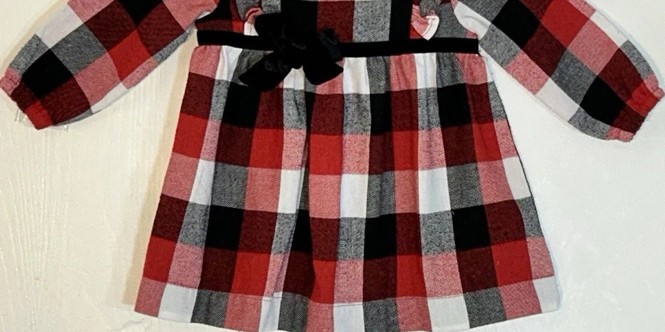 Vestido Mudpie Bebé Niña 3-6M Mangas Largas Rojo Cuadros Negro Terciopelo Cinta/Arco Usado en Excelente Condición Foto 4 de 4