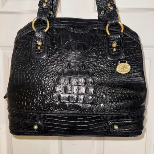 Vintage Brahmin Black Melbourne Croc Embossed Leather Double Strap Shoulder Bag