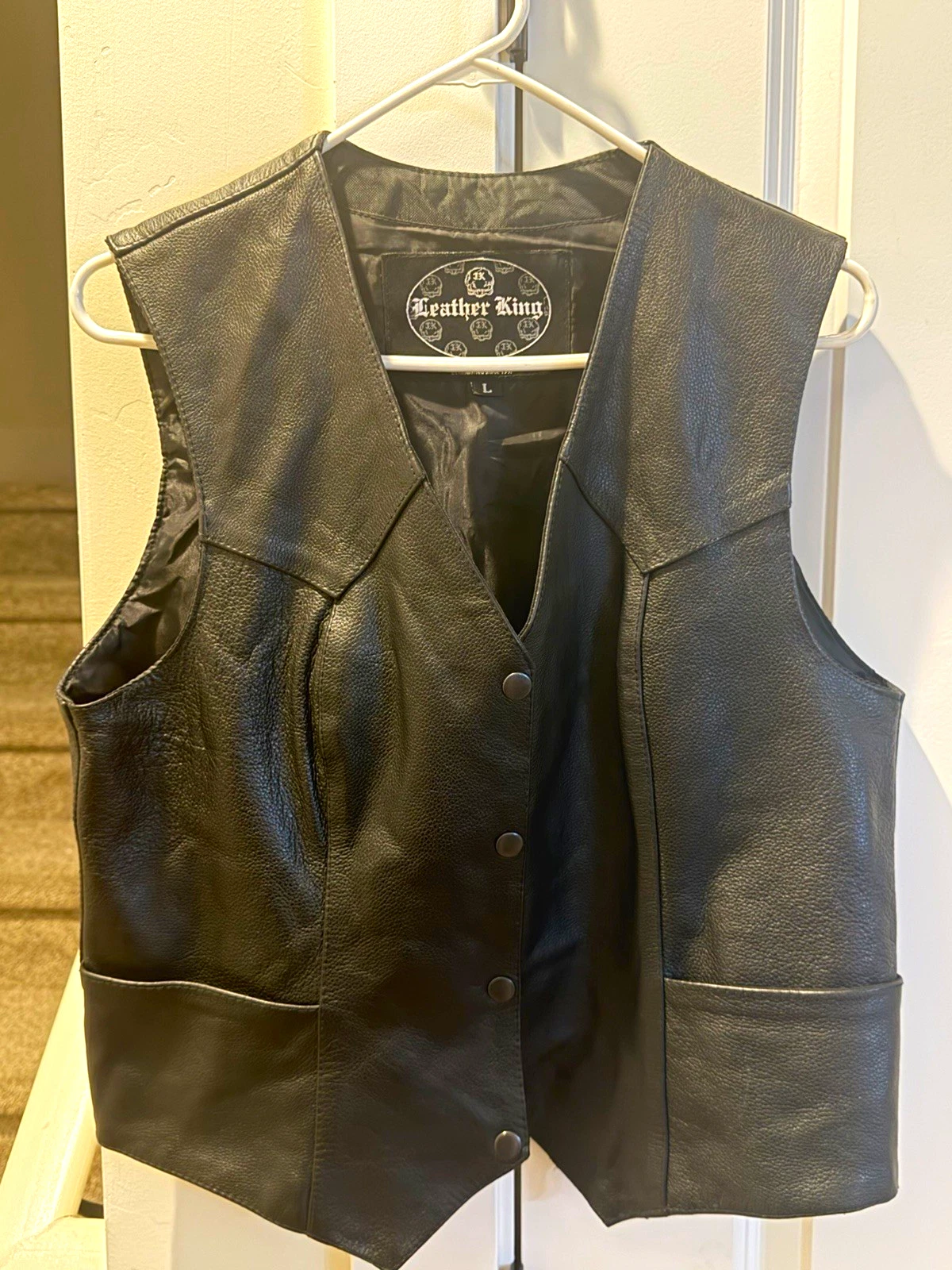 Leather King  Black Leather Snap Front Biker Vest L (42" Chest) image 1
