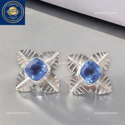 Cushion Tanzanite Gemstone 925 Sterling Silver Minimalist Stud Wedding Earrings