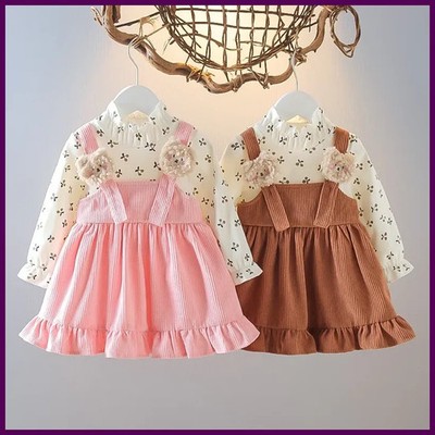 Kid Girl Long Sleeve Dress Floral Lovely Bear Corduroy Strap Style Dress Fashion