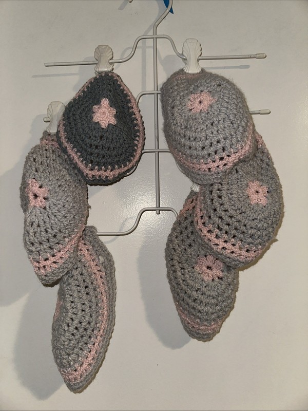 Collection Of 6 Handmade Crochet Knit Yarmulkes Kippot Grey Pink Silver Judaica