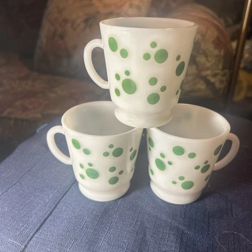 Both Hazel Atlas Green Polka Dot Milk Glass Coffe Mugs. Set Of Three (3)