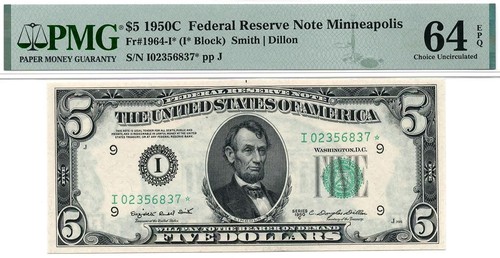 1950c* $5 Minneapolis STAR Federal Reserve Note FRN • 1964-I* PMG 64 EPQ ((KEY))