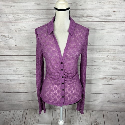 Free People Flower Fields Sheer Lace Button Down Blouse Size Medium Purple