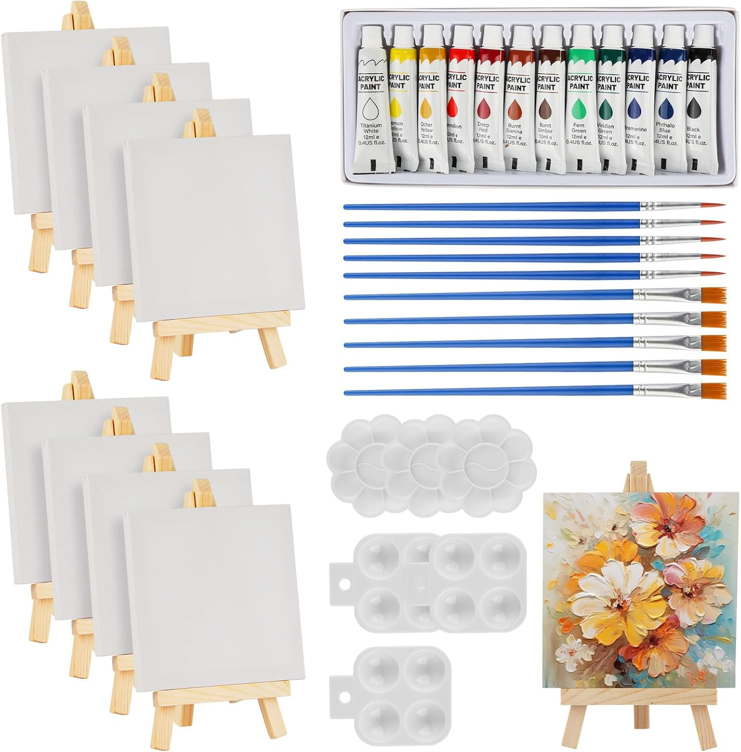 44 Pcs Mini Canvas and Easel, Small Canvas Painting Set Includes 4X4 Inches Canv