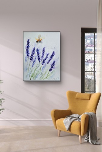 Large New original signed watercolour painting by Elle Smith Art. Bee & Lavender - Picture 2 of 8