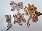 & Bow Brooch Pins 4 Pretty Pink Rhinestones Flower