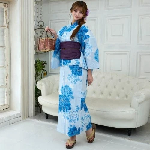 Japanese Yukata Kimono 3-piece set with a light blue and blue peony pattern - Image 2 of 4
