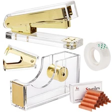 Acrylic Gold Stapler and Tape Dispenser Set, Desk Accessories Office Supplies...