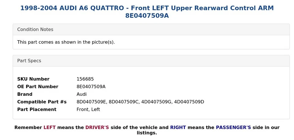 AUDI A6 QUATTRO 1998-2004 - BRAZO DE CONTROL DELANTERO IZQUIERDO SUPERIOR TRASERO 8E0407509A Foto 4 de 4