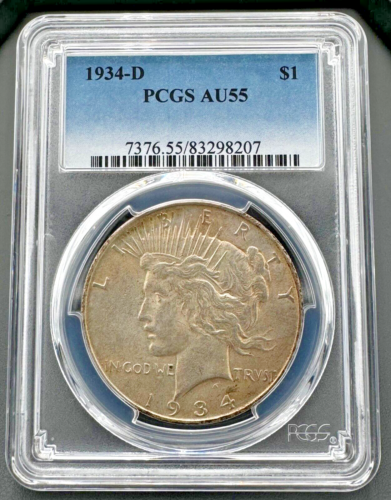 1934 D Peace dollaro d'argento $1 PCGS AU 55, bella data semichiave coniata bassa - Foto 1 di 5