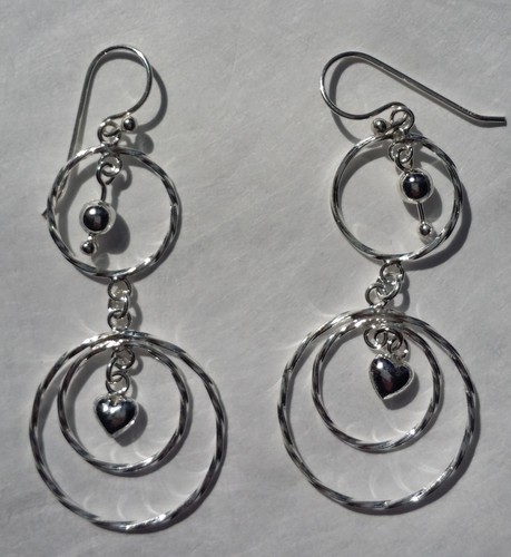 Sterling Silver 925 Hook Earrings Double Nested Circles with Heart 1.75" Drop - 第 2/3 張圖片