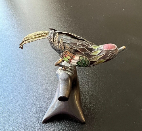 Old Chinese Sterling Silver Enamel Filigree Song Bird And Carved Wood Stand
