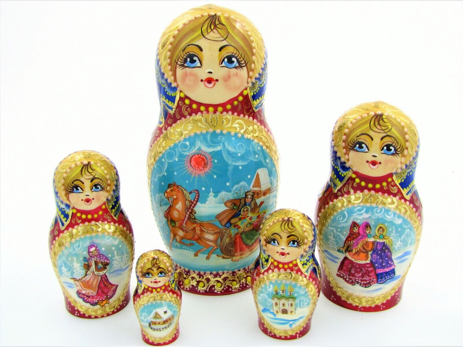 Matriochka artisanale peinte à la main 18cm, 5 poupées russes gigognes en bois authentique